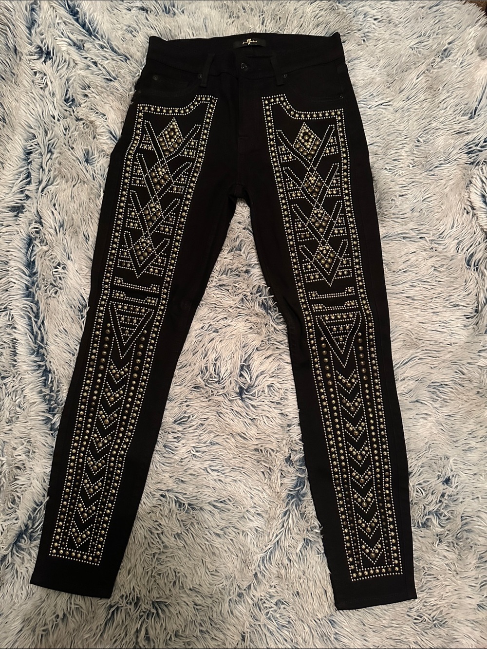 7 For All Mankind Black Skinny Jeans with Silver & gold Stud Geometric Detailing